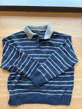 Lioness Navy and Light Gray Striped V-Neck Polo Sweater